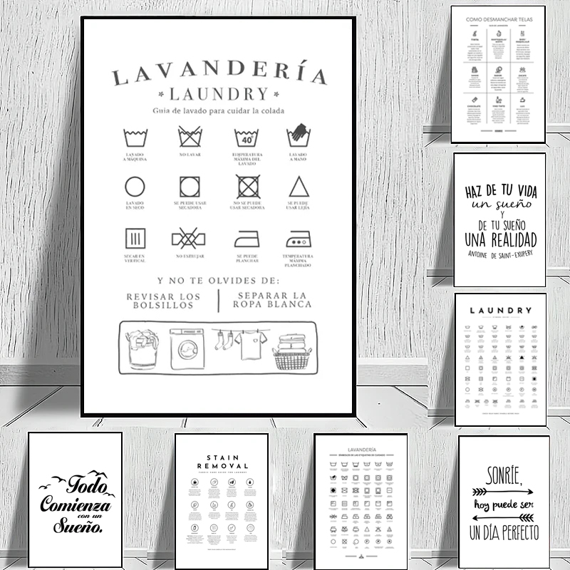 Vintage Fashion Illustrations - Espagnol Símbolos de Lavandería buanderie mur
